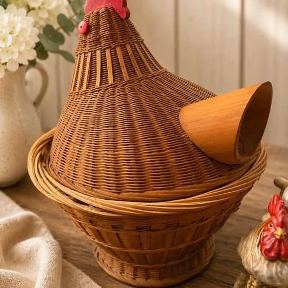 Vintage Rooster Basket Decor | Farmhouse Chicken Basket | Cottage Kitchen Decor